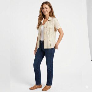 Theory Marcia Striped Short Sleeve Shirt Jacket Utility Safari Beige Women's 6